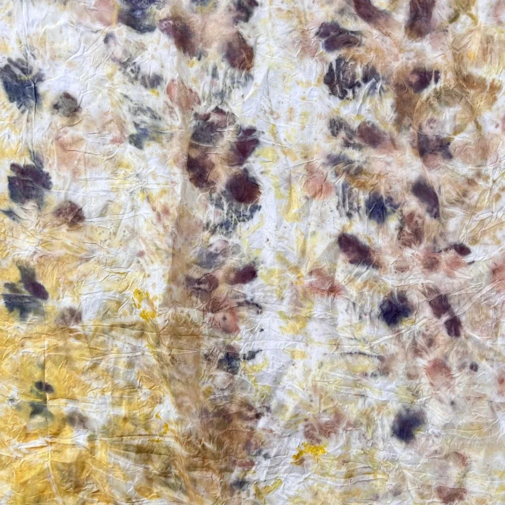 100% Silk Long Wrap Scarf Eco Dyed Botanical Print Mustard Yellow Earthy Boho